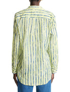 Pale yellow shirt with vertical blue-green stripes; long sleeves, button front.
