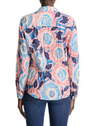 Pink, blue, and purple floral print long-sleeve collared shirt.  Crinkled cotton fabric.