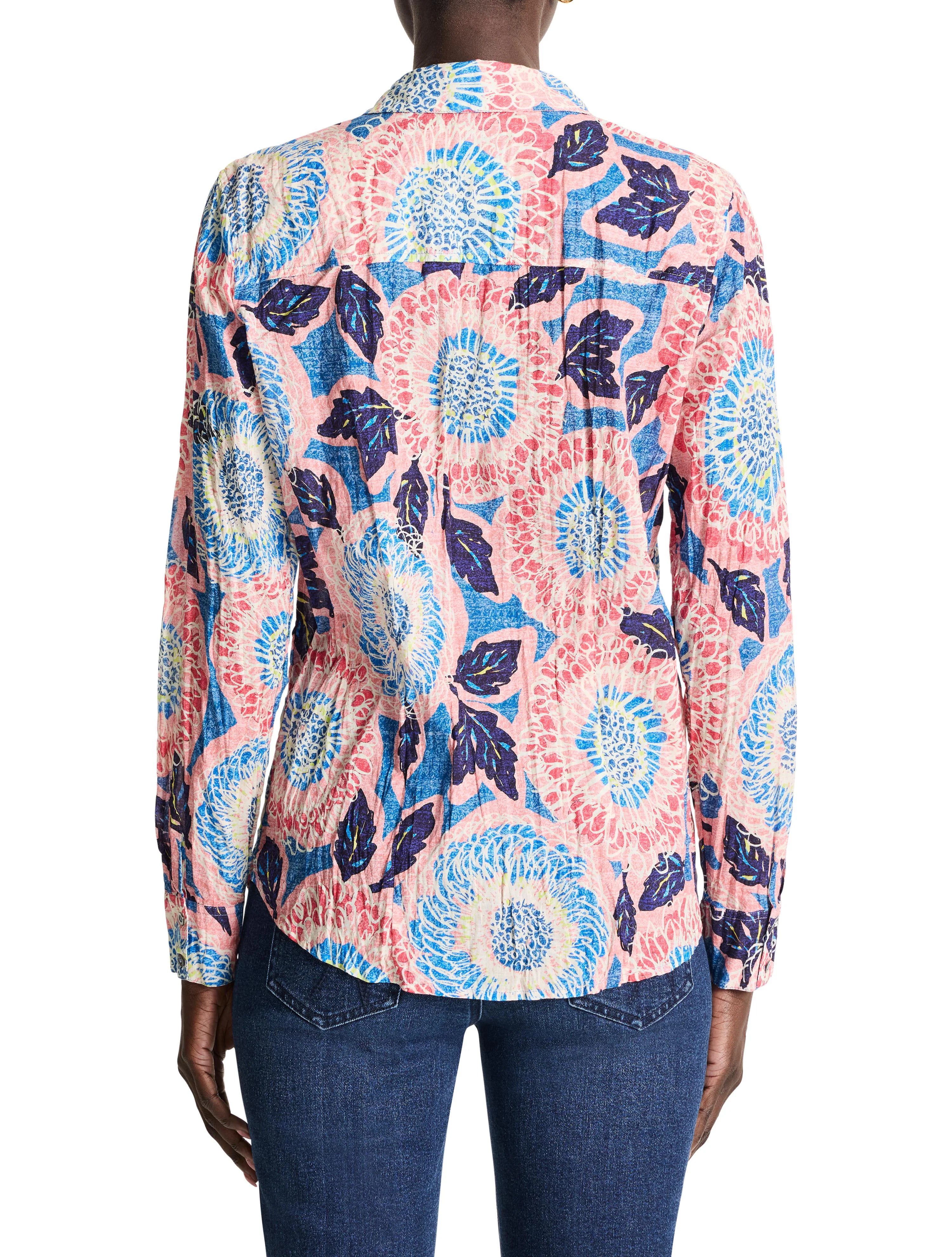 Pink, blue, and purple floral print long-sleeve collared shirt.  Crinkled cotton fabric.