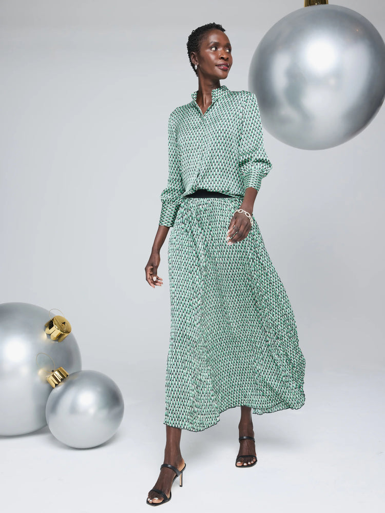 Green and black abstract dot pleated maxi skirt.