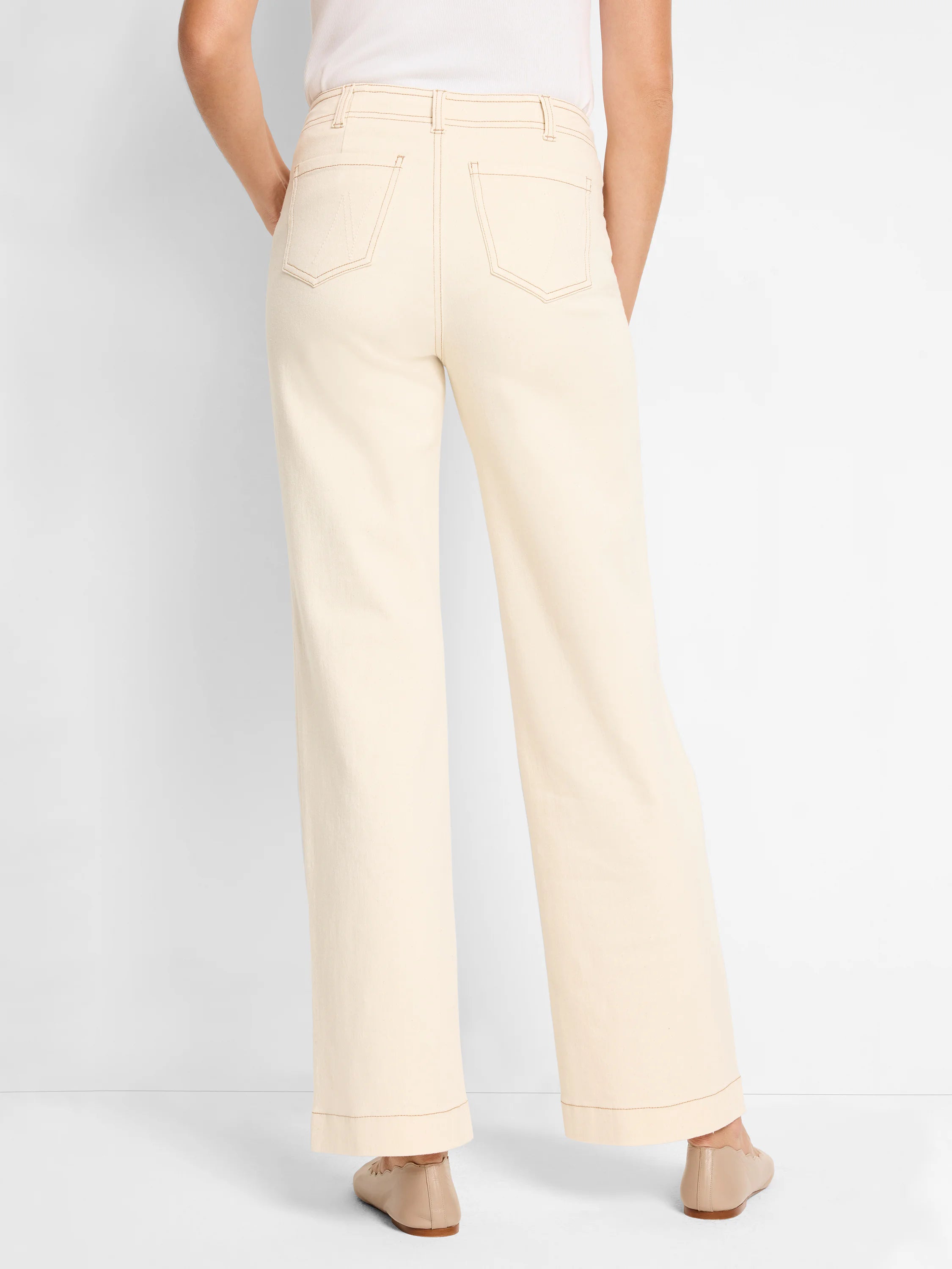 Cream high-rise wide-leg jeans with tan contrast stitching on the waist and back pockets.