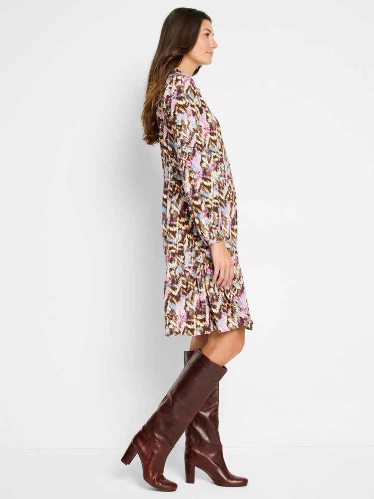 Brown midi dress with pink, blue, and beige abstract print.  Long sleeves, collared neckline.