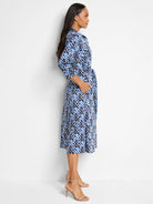 Midi shirt dress, blue & white geometric print, belted waist, three-quarter sleeves, side pockets.