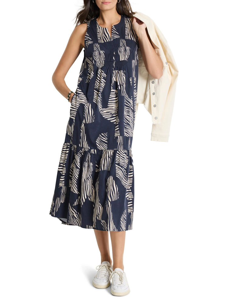 Midi dress, sleeveless, dark blue background with tan zebra stripes.  Tiered skirt.