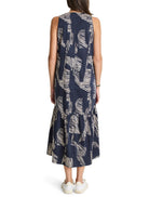 Navy midi dress with off-white zebra stripes. Sleeveless, tiered skirt.