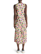 Sleeveless midi dress, multicolored geometric patchwork print.  Greens, pinks, beige, and blues predominate.  Features a...