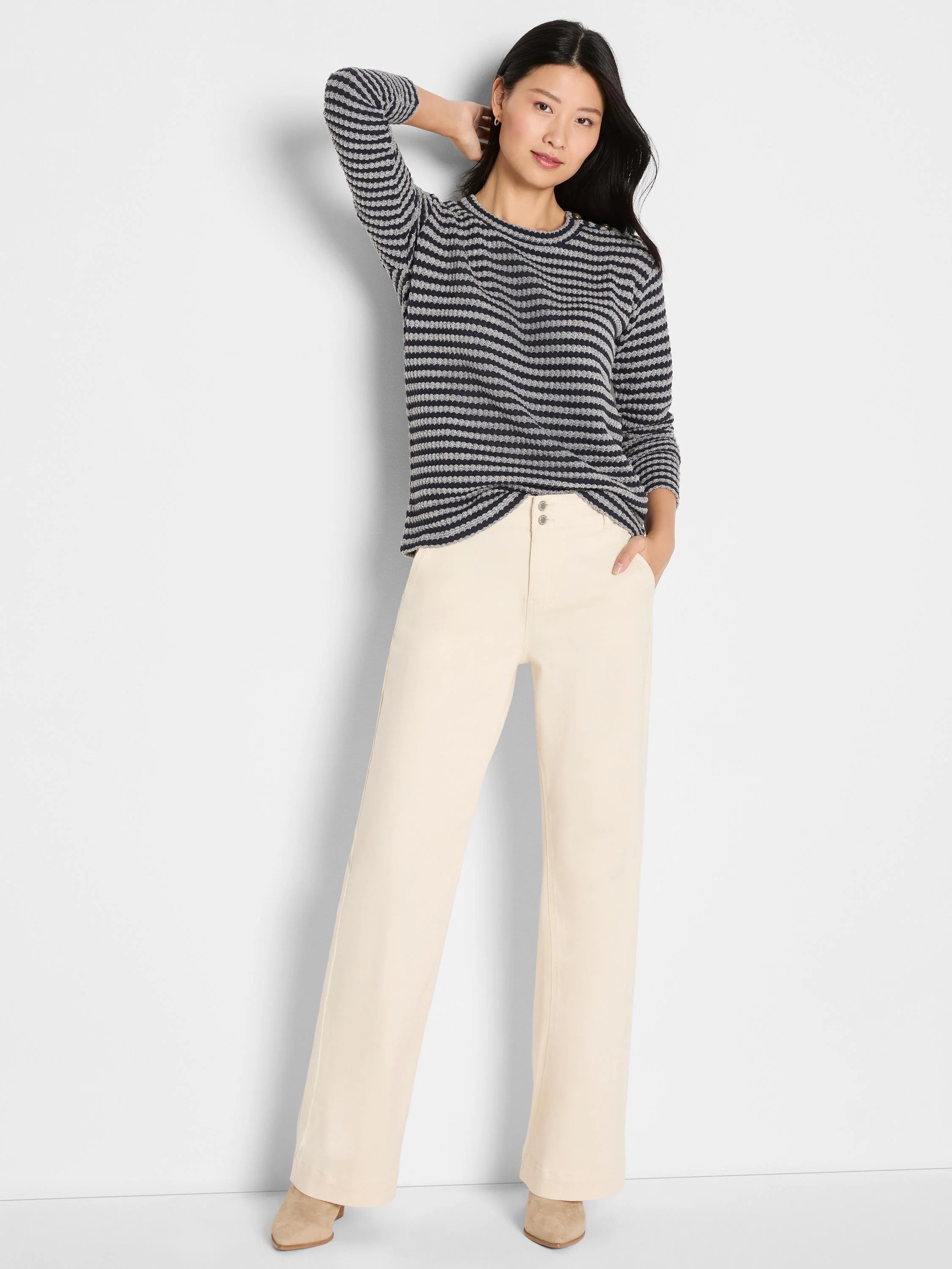 Textured top with alternating dark and light grey horizontal stripes. Small buttons detail one shoulder.