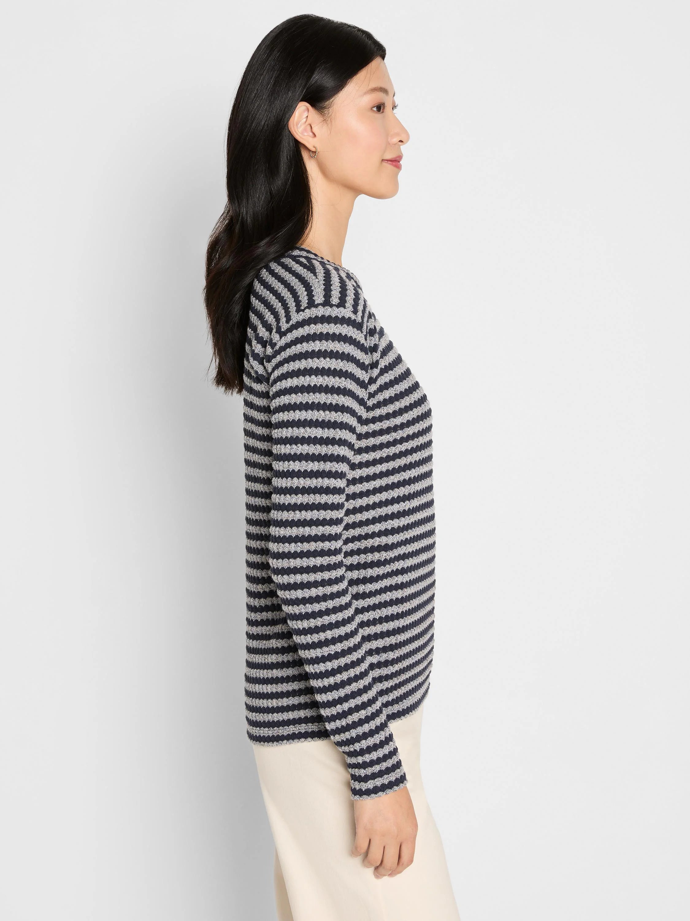 Navy and light grey textured horizontal stripe long-sleeve top.