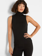 Black ribbed knit sleeveless turtleneck tank top.