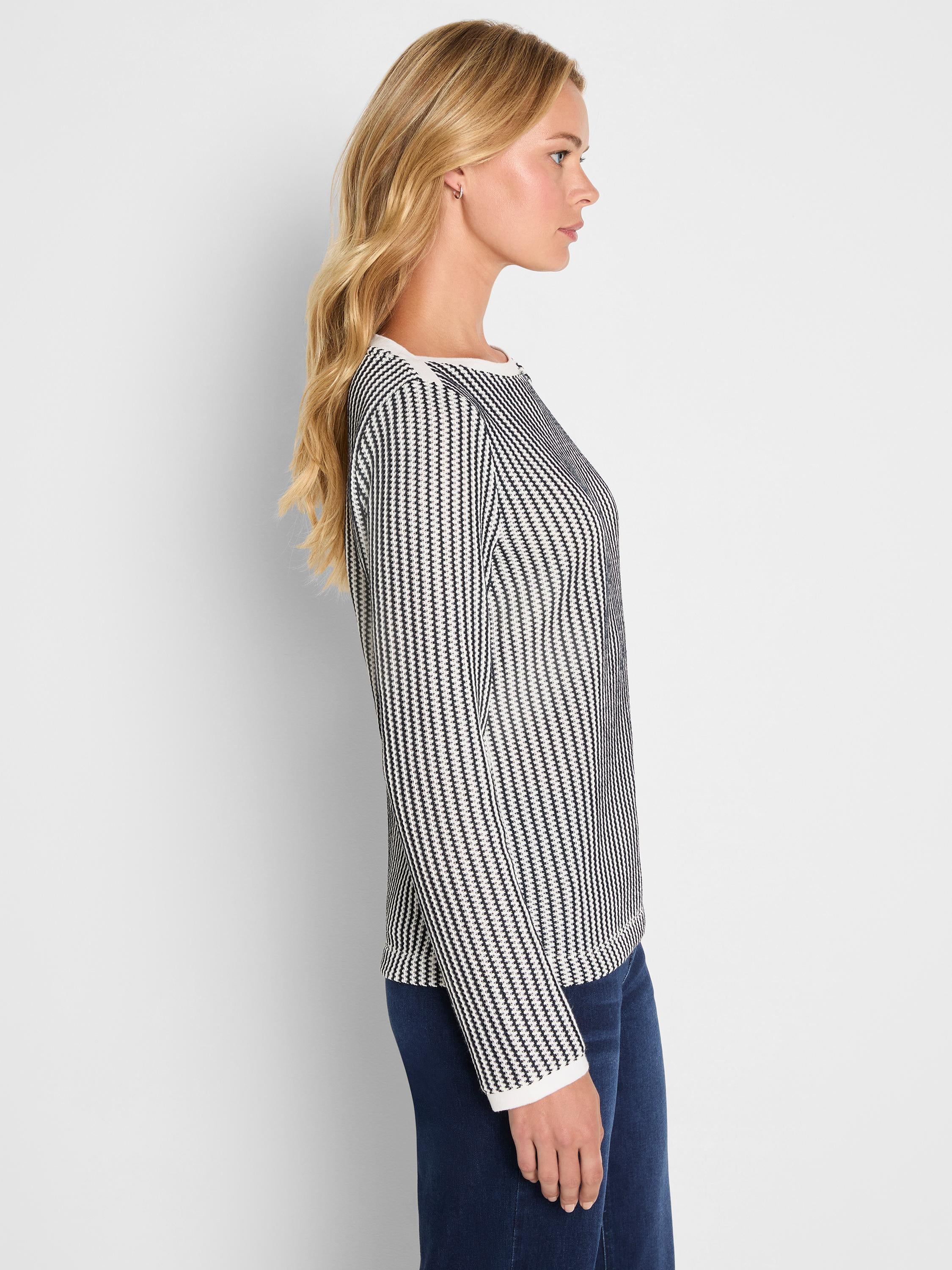 Black and white knit pullover with a boat neck and regular fit, featuring a textured vertical stripe pattern and white cuffs.