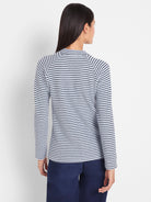 Back view: Thermal top with pale blue and navy horizontal stripes. Ribbed texture, long sleeves. Stripes angle on shoulders.