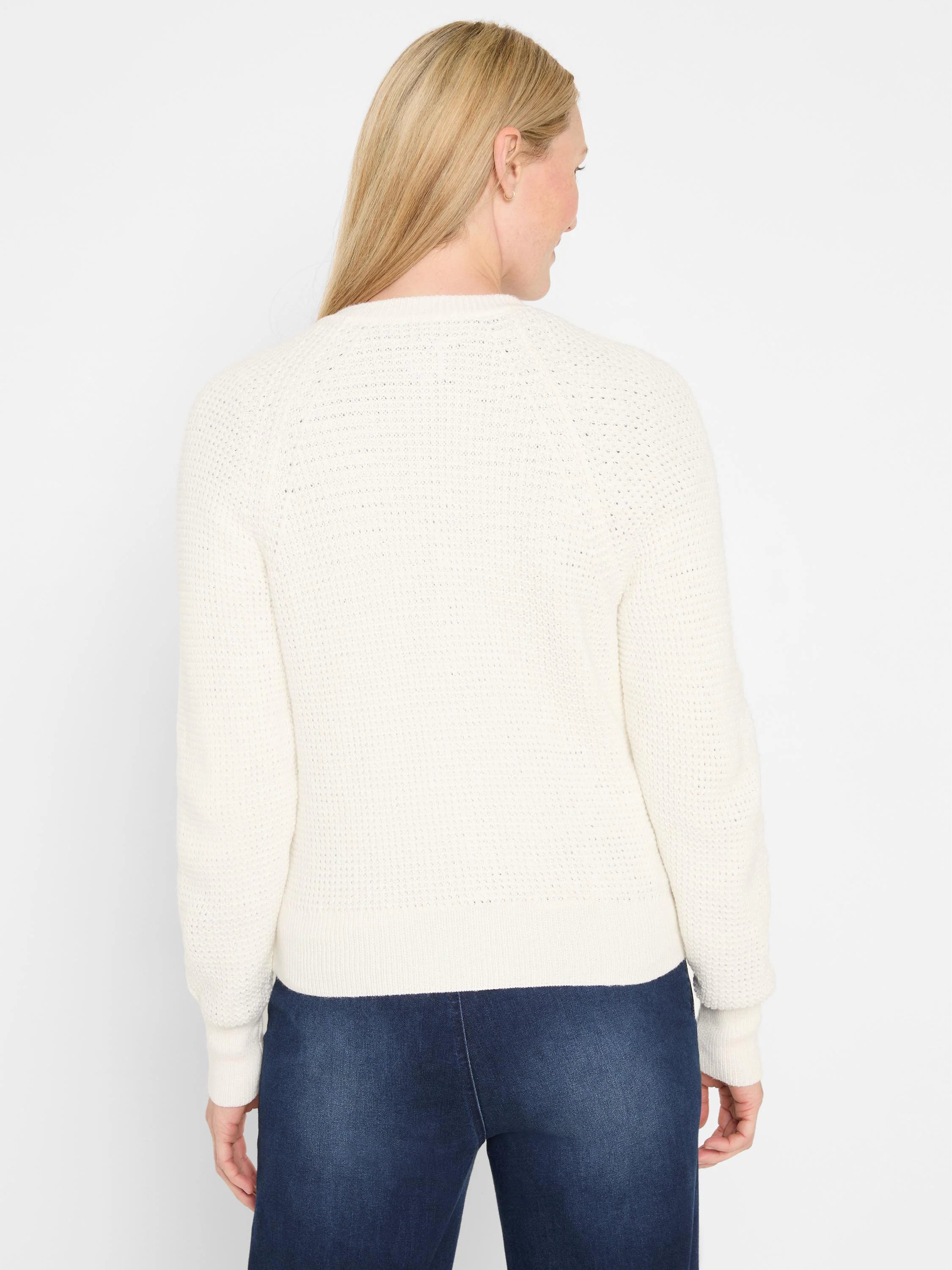 Off-white waffle knit cardigan with ribbed hem and cuffs, shown from the back on a model.