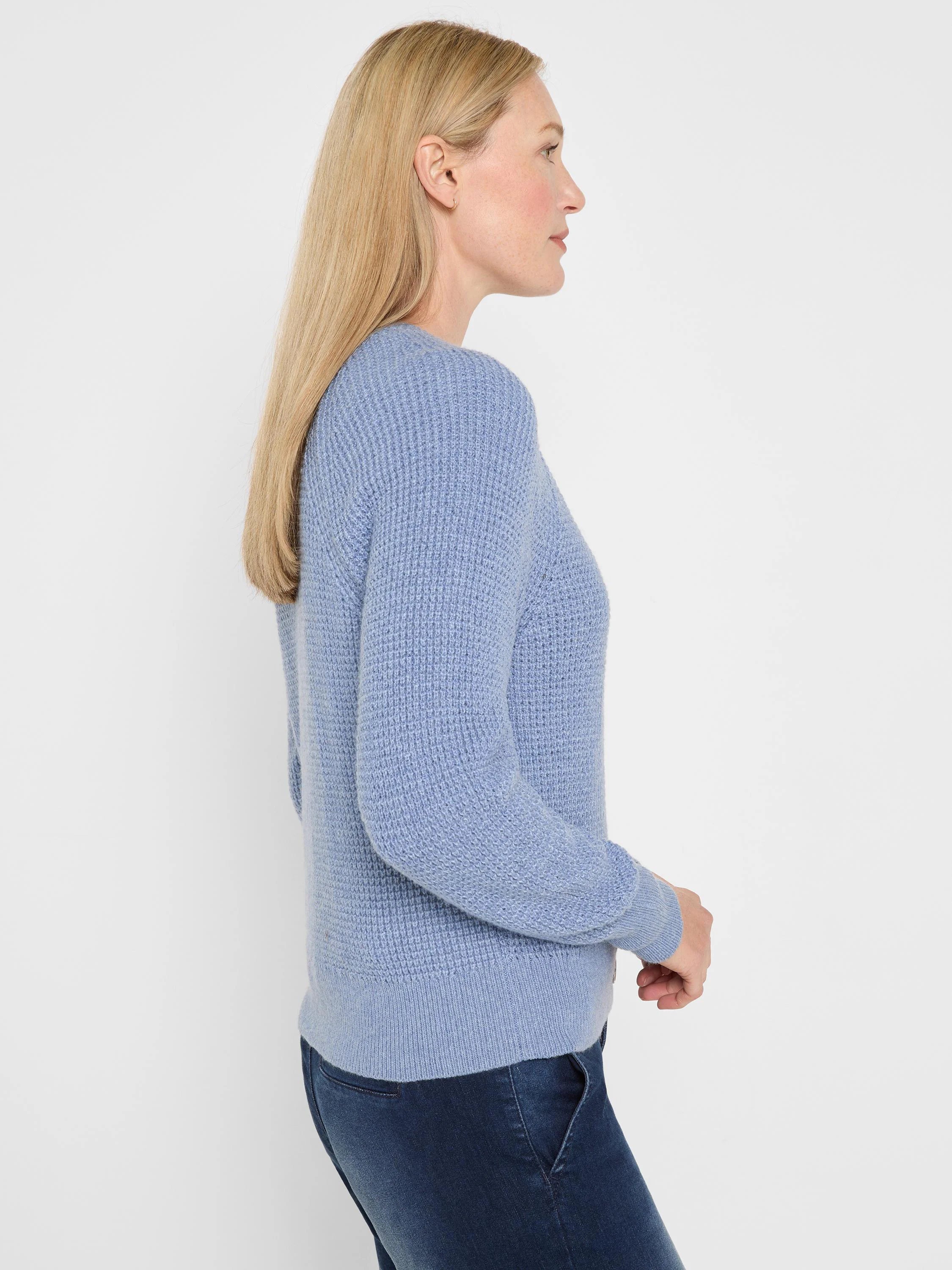 Light blue waffle knit cardigan, shown closed, featuring textured fabric, long sleeves, and ribbed cuffs.