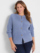 Blue waffle knit cardigan with a round neck, ribbed cuffs, and light-colored button front.
