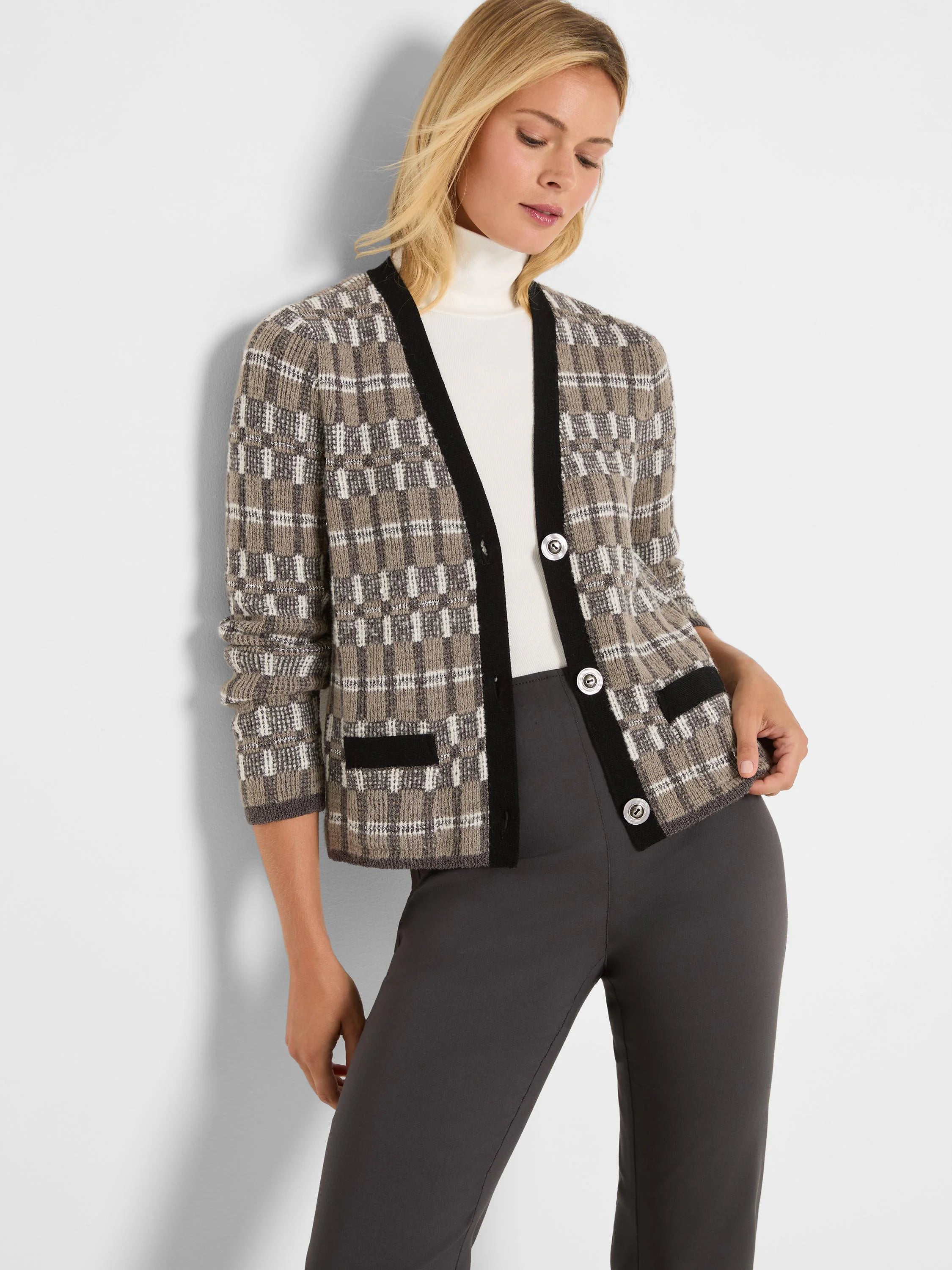 Taupe, dark brown, and white grid pattern cardigan with black trim, V-neck, and three buttons.