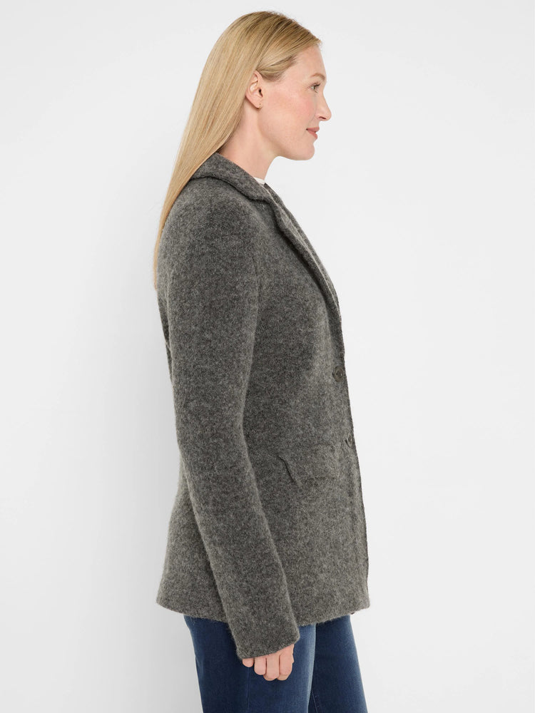 Dark gray brushed blazer with notched lapels, button closure, and front patch pockets.