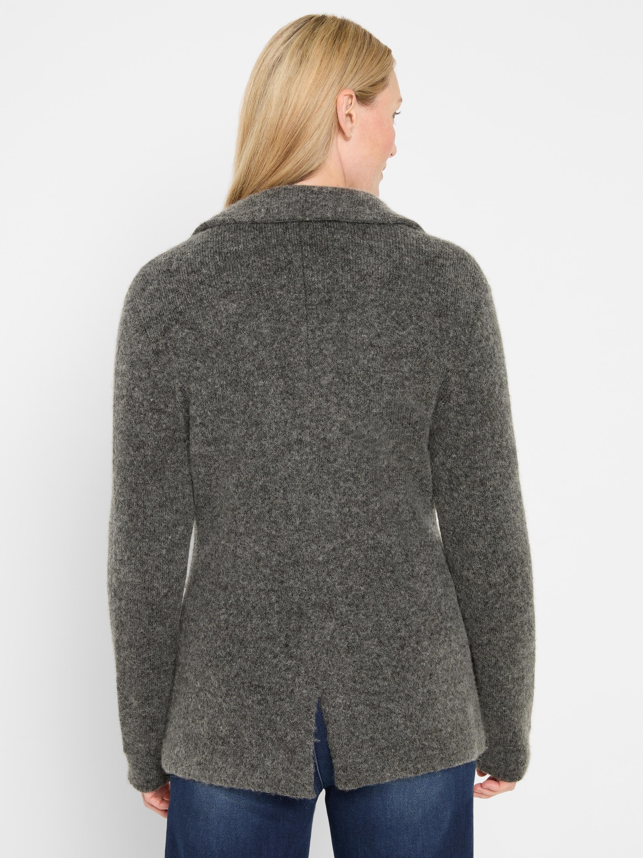 Mottled dark grey brushed blazer worn from behind. Features a collar, long sleeves, and a center back vent.