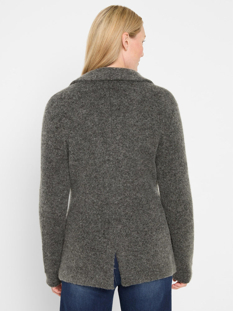 Mottled dark grey brushed blazer worn from behind. Features a collar, long sleeves, and a center back vent.