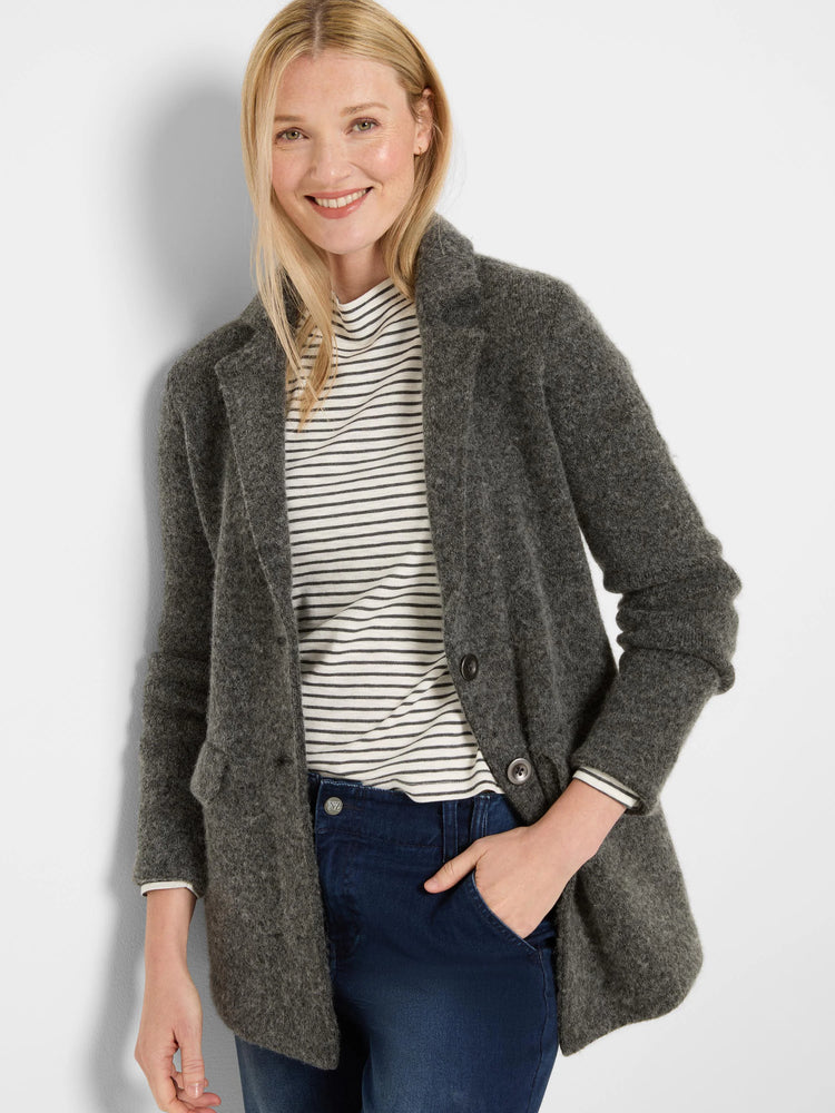 Dark grey brushed doubleknit blazer, worn open, with lapels and two visible front buttons.