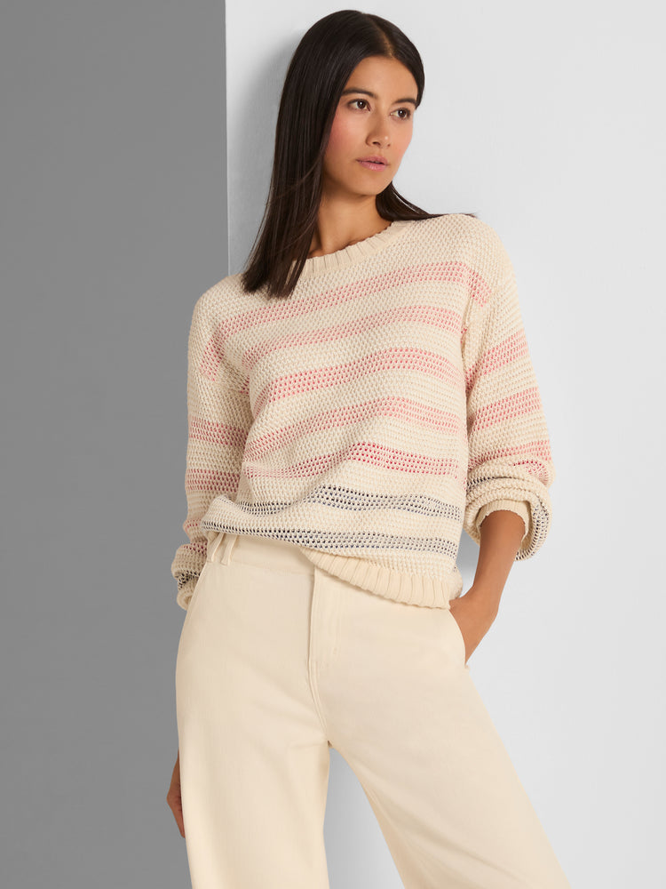 Relaxed cream open-knit pullover with long sleeves and pink horizontal stripes, featuring a crew neck and ribbed trim.