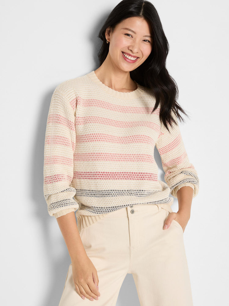Relaxed cream open-knit sweater with multi-colored horizontal stripes, a crew neck, and cuffed three-quarter sleeves.