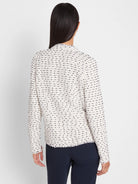 Off-white nep weave jacket with dark nubs. Features fringed hem and cuffs. Back view.