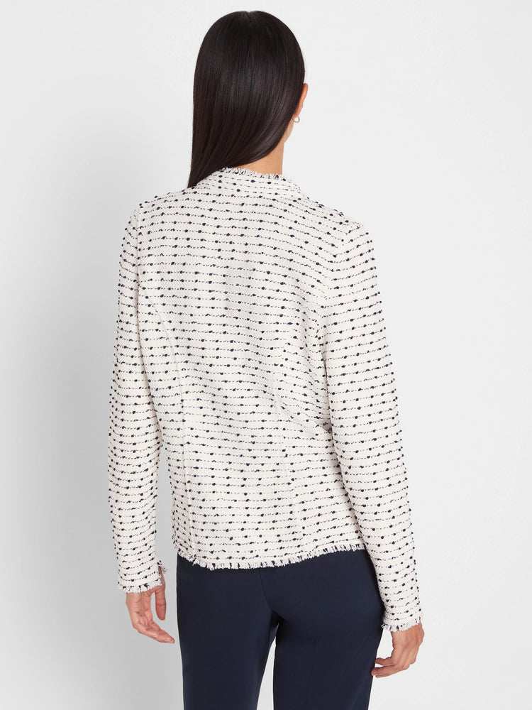 Off-white nep weave jacket with dark nubs. Features fringed hem and cuffs. Back view.