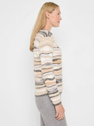 Odyssey Mix Sweater: Horizontally striped in cream, tan, grey, and white, with varied, some fuzzy, textures.