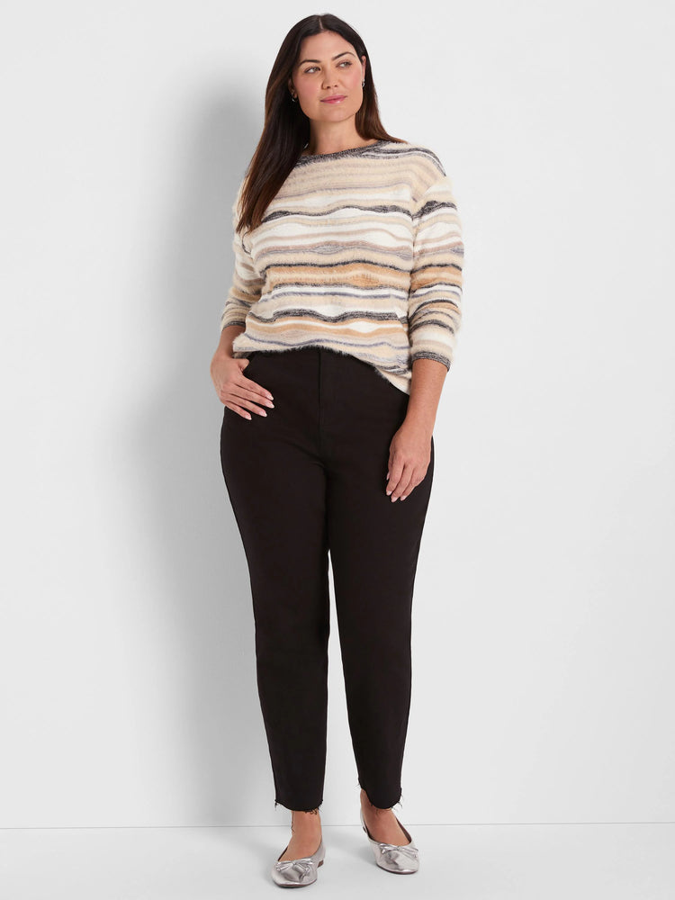 Fuzzy sweater with horizontal wavy stripes in cream, tan, white, and grey. Crew neck, 3/4 sleeves.
