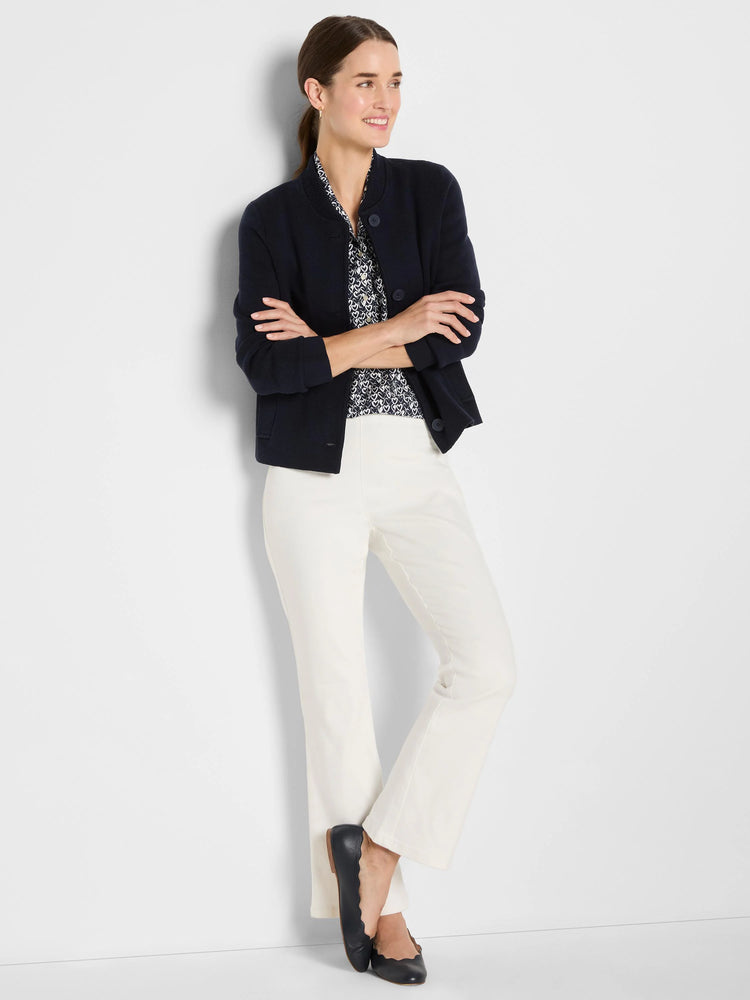 Navy knit bomber jacket with button-front closure and ribbed trim.