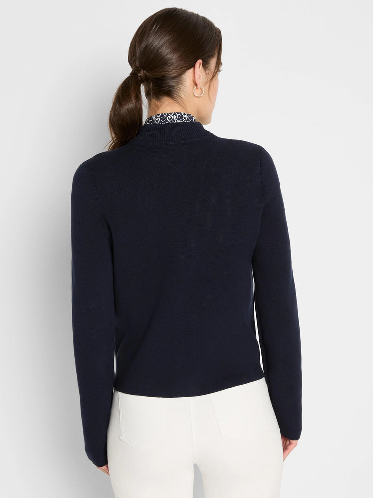Dark navy knit bomber jacket with a mock neck and long sleeves, shown from the back.
