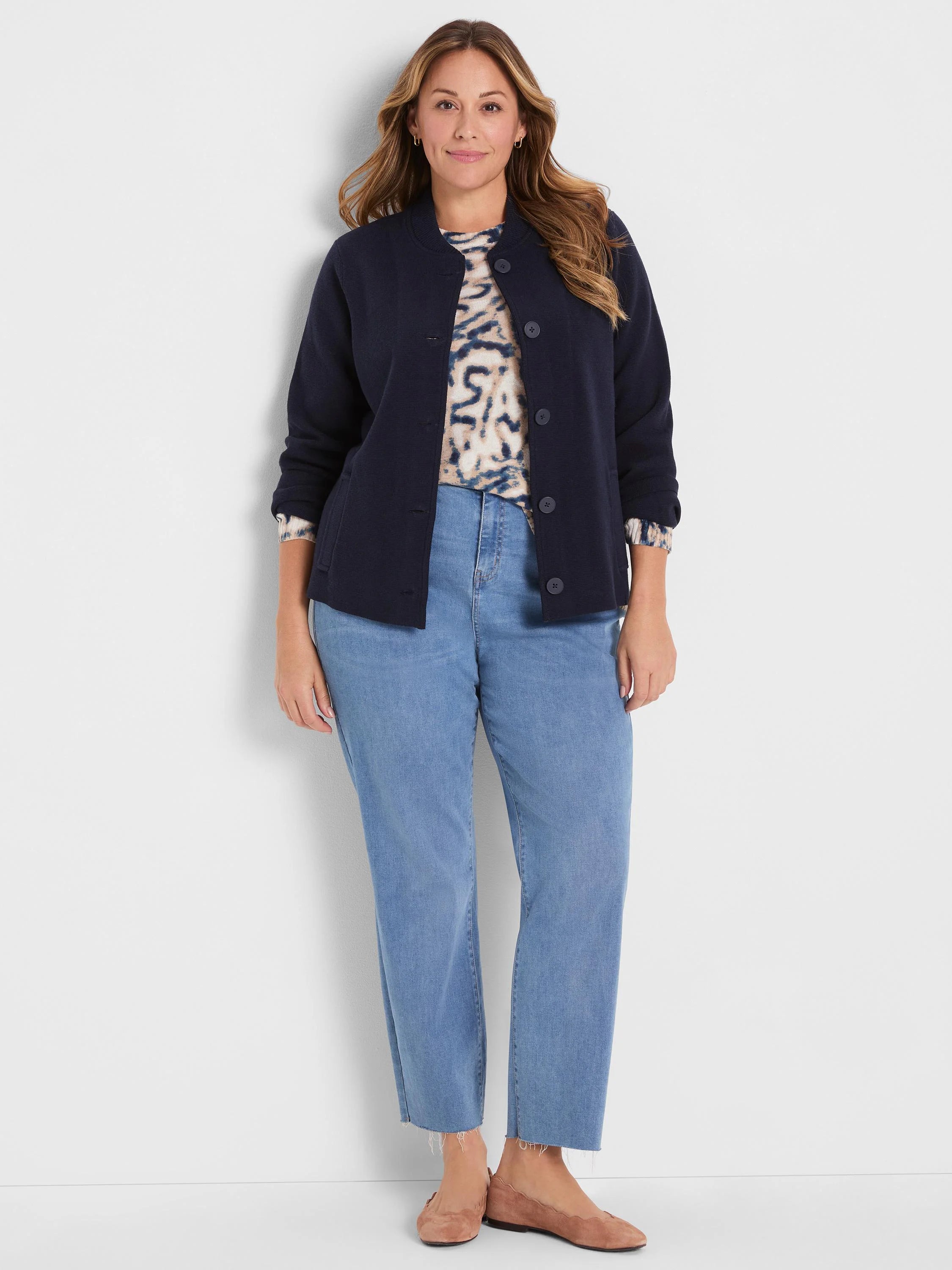 Dark navy knit bomber jacket with ribbed collar and front buttons.