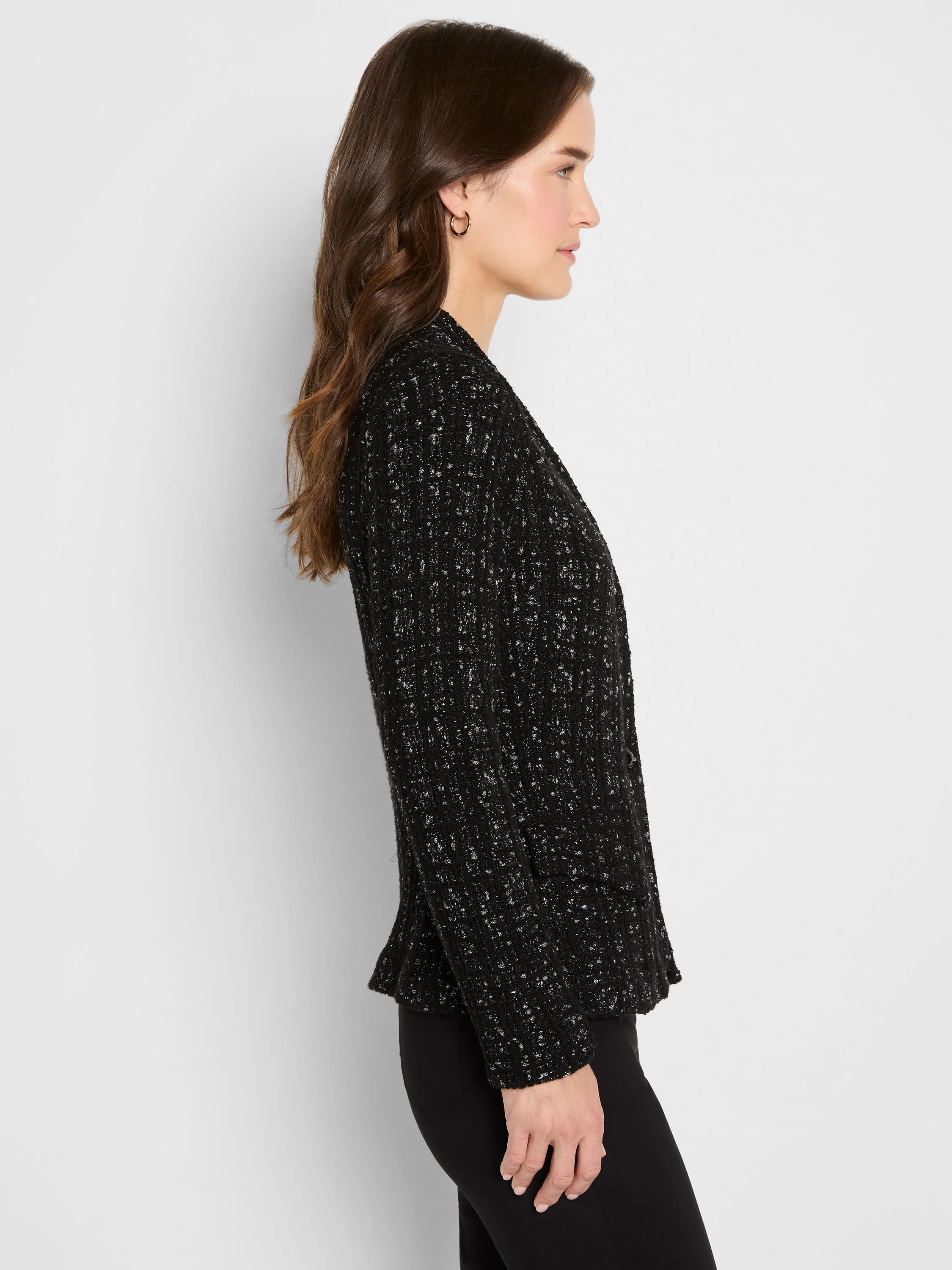 Black knit jacket with silver metallic flecks, a textured weave, and a collarless design.