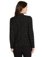 Black knit jacket with woven metallic silver flecks, shown from the back.