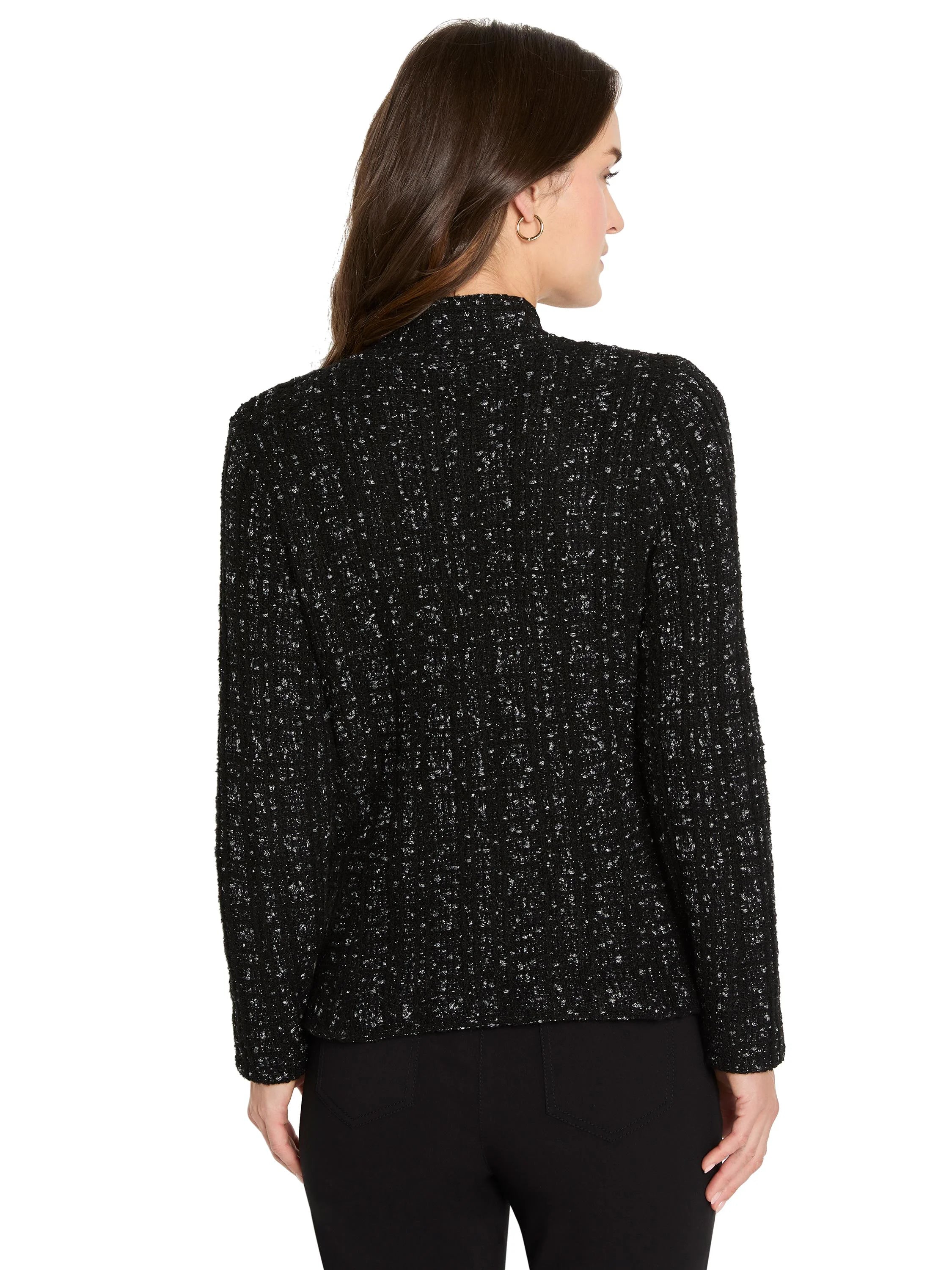 Black knit jacket with woven metallic silver flecks, shown from the back.