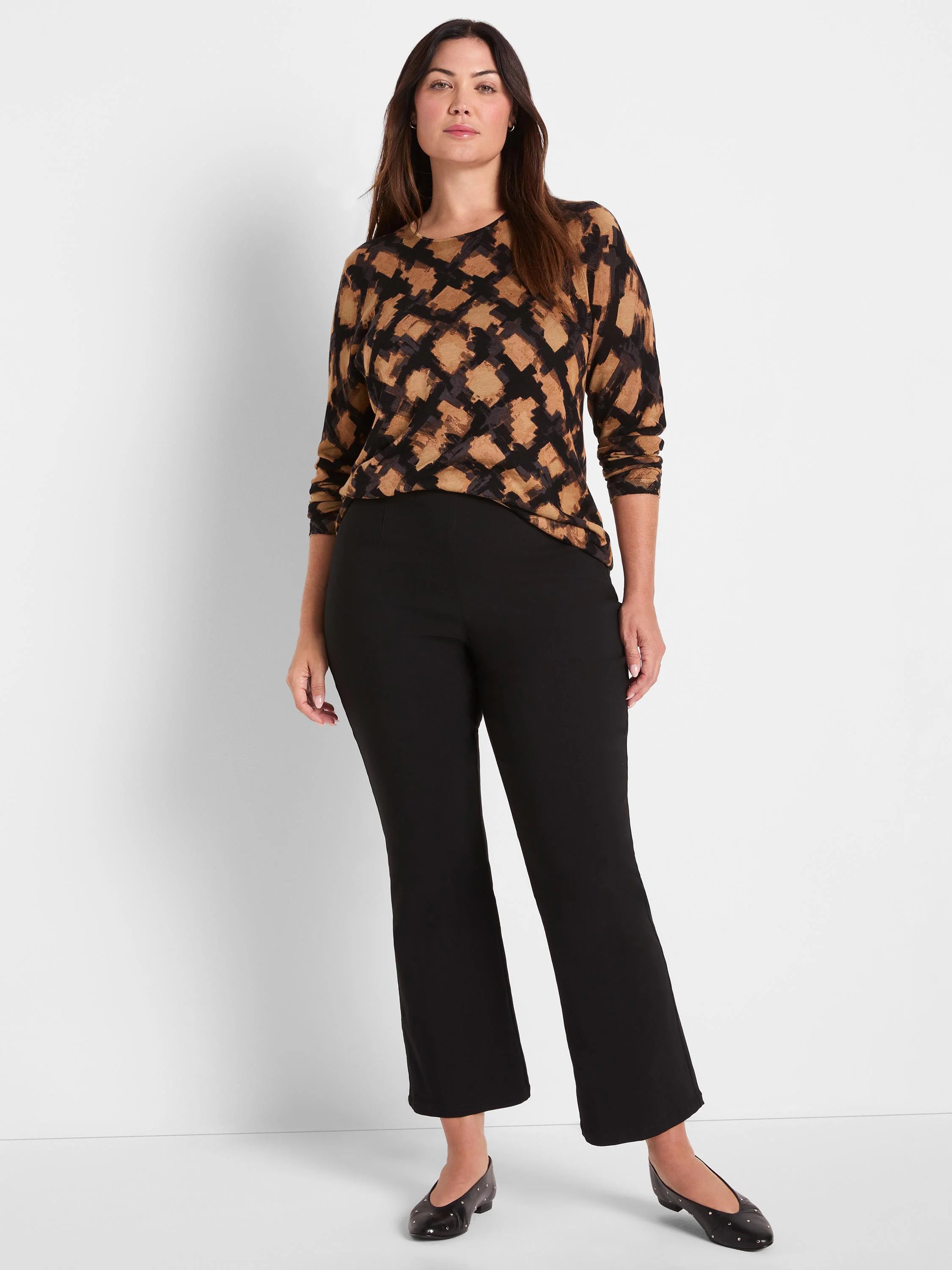 Tan and dark brown abstract check sweater, long-sleeved with a crew neck.