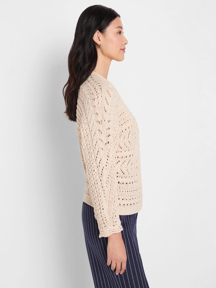 Light beige tape yarn stitch sweater featuring an open, chevron-patterned knit texture.