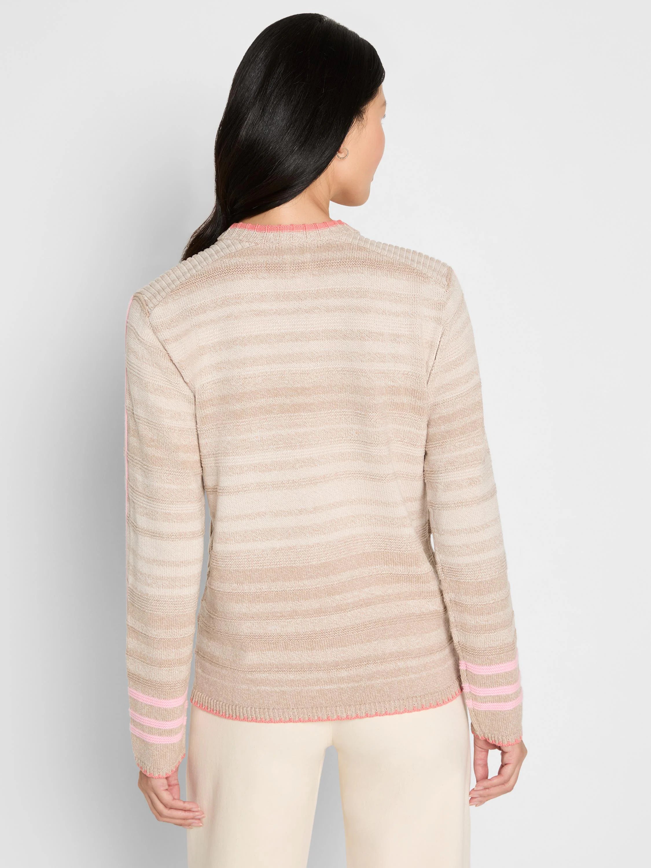 Light beige sweater with textured horizontal stripes. Pink trim on edges, plus pink stripes on sleeves.