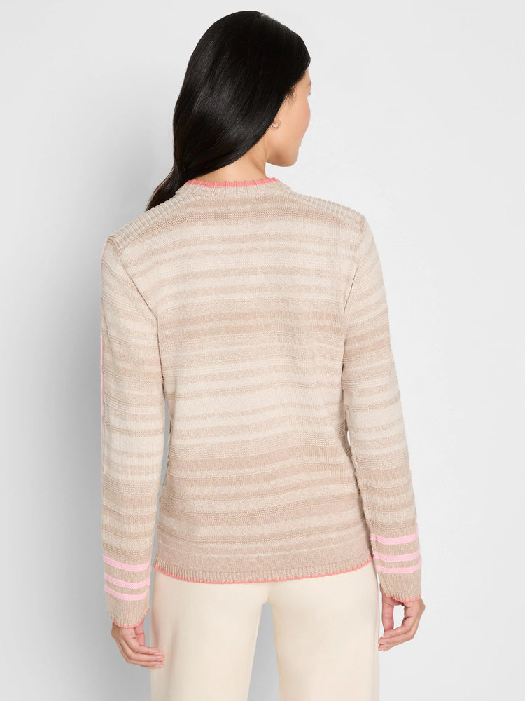Light beige sweater with textured horizontal stripes. Pink trim on edges, plus pink stripes on sleeves.
