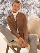 Brown textured knit jacket with fringe trim, silver dome buttons, and shoulder tabs.
