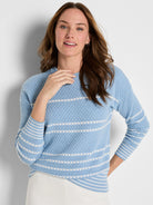 Light blue crew neck sweater with textured knit and white horizontal dotted stripes on body and sleeves.