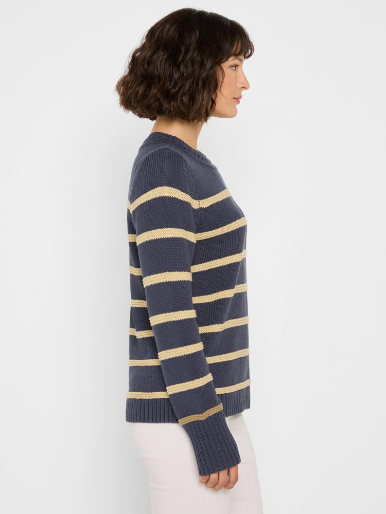 Dusty navy crew neck sweater with light tan horizontal stripes and ribbed trim.