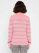 Pink knit sweater with horizontal gray stripes on body and sleeves. Darker gray accent stripes on cuffs.