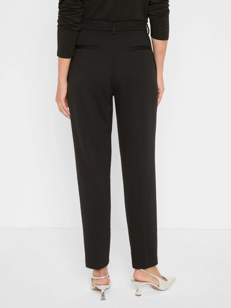 Black trousers, back view. Smooth fabric, belt loops, two horizontal back welt pockets, straight leg.