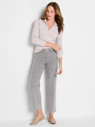 Faded grey straight-leg ankle jeans with a pull-on waist and single button closure, shown on a model.