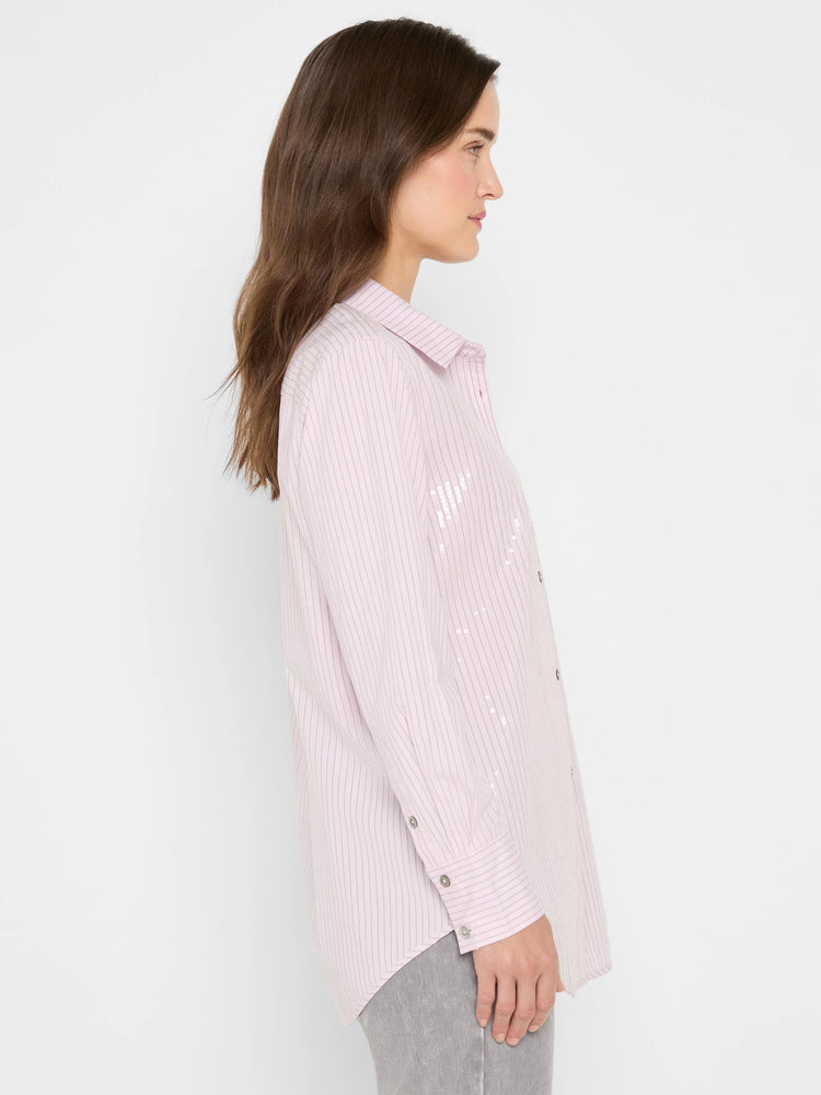 Light pink button-up shirt with thin grey vertical stripes and scattered small round silver sequins.