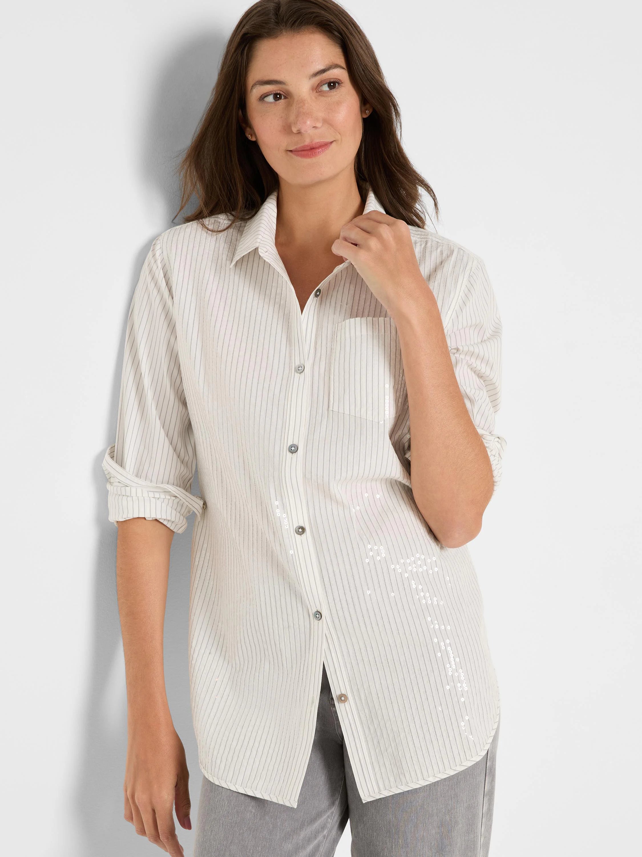 Light beige shirt with thin grey vertical stripes and scattered small silver sequins.