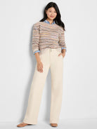 Drifty Painted Stripe Cotton Shirt: Light beige knit, with thin, irregular horizontal stripes in blue, pink, yellow, and...