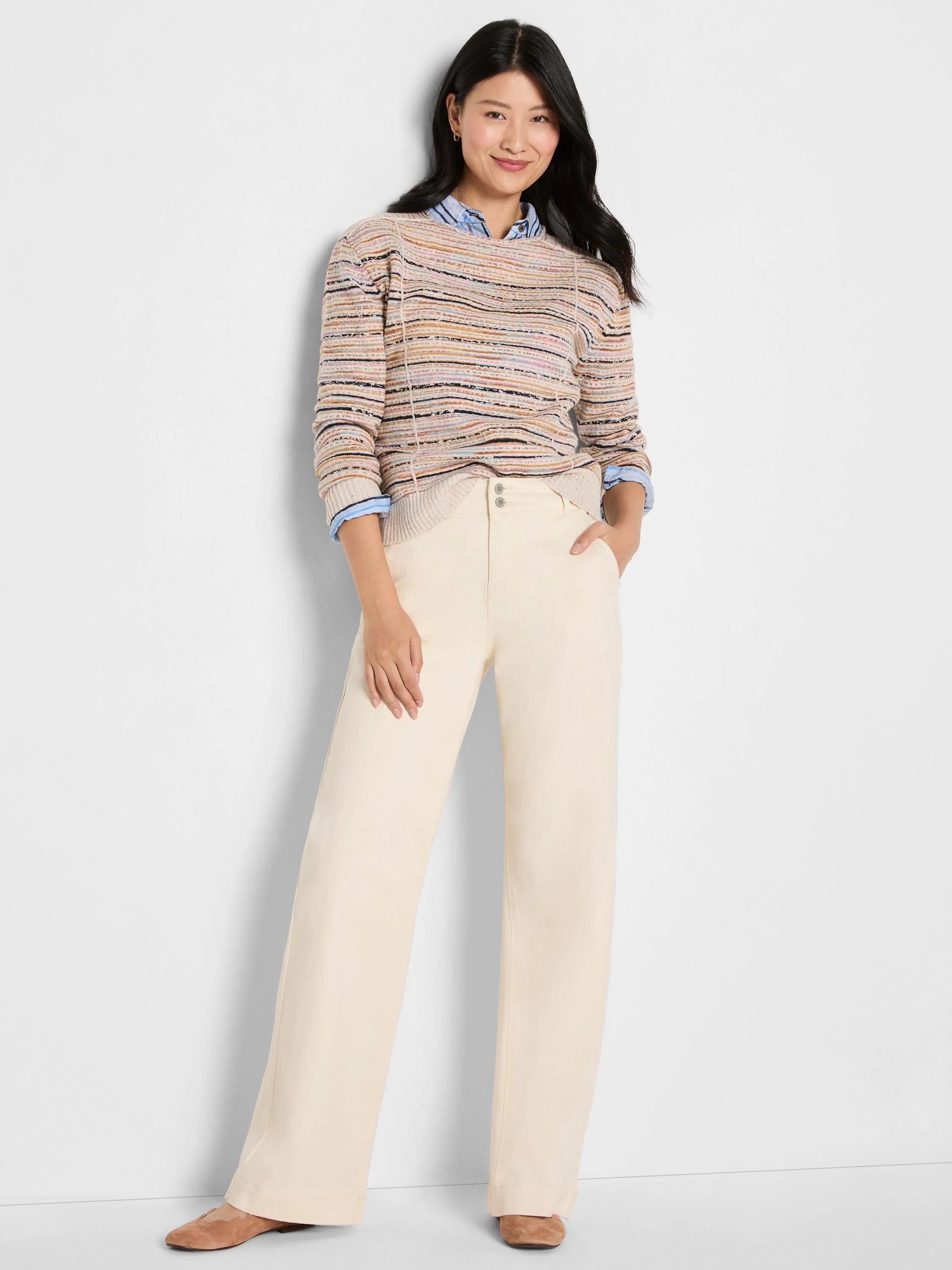 Drifty Painted Stripe Cotton Shirt: Light beige knit, with thin, irregular horizontal stripes in blue, pink, yellow, and...