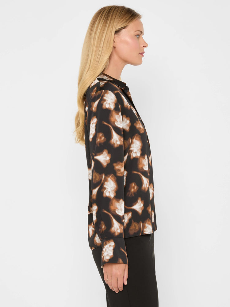 Long-sleeved dark brown popover shirt with abstract white and golden ginkgo leaf pattern.